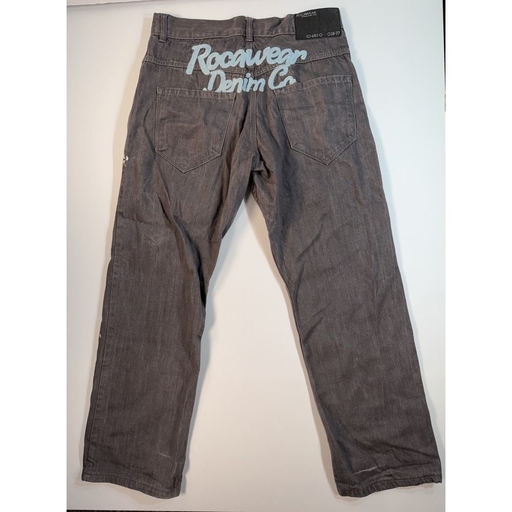 Rocawear Denim Co Jeans Gray Embroidered Logo Y2K Hip Hop Size 36
